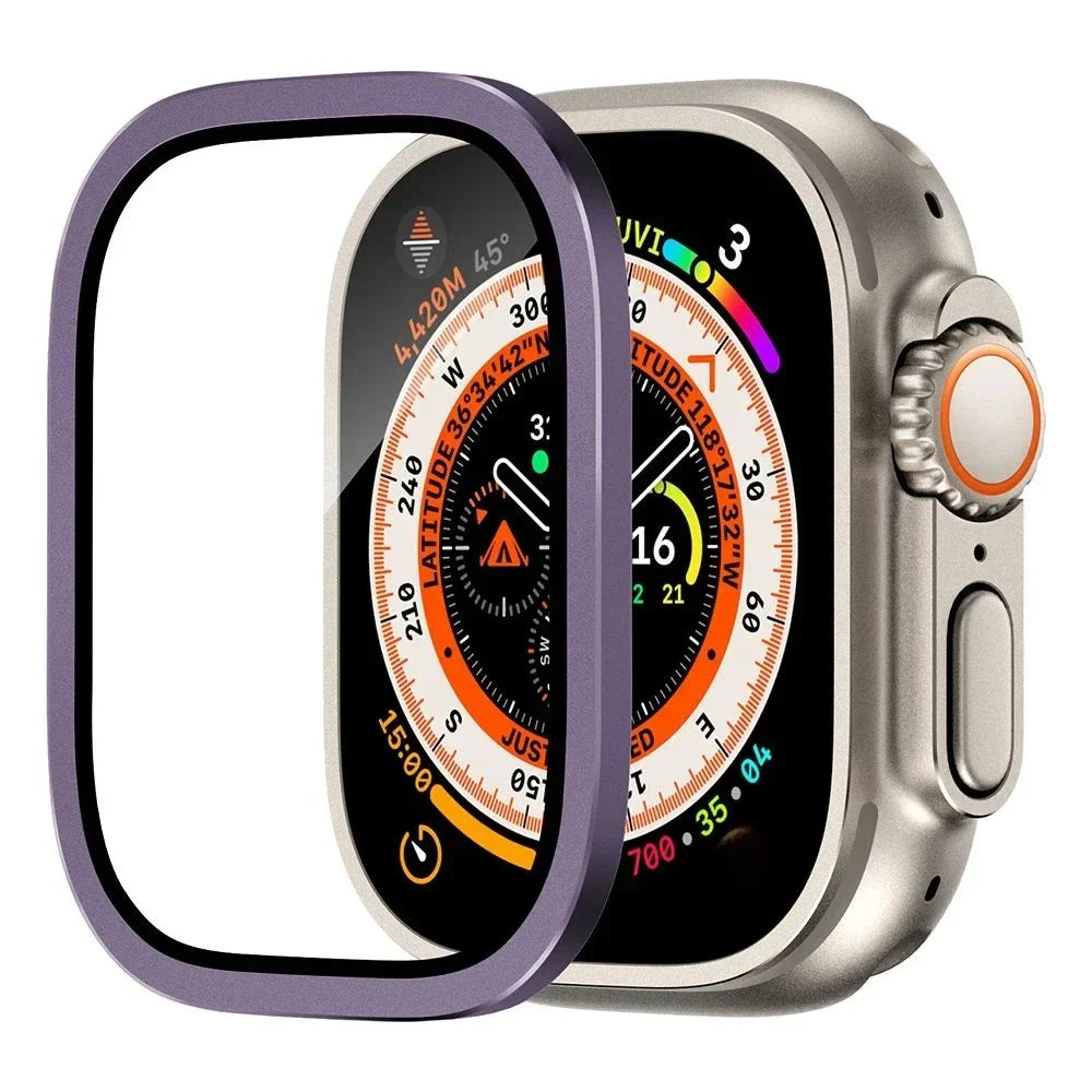 Tempered Glass + Aluminum Alloy Bezel Screen Protector for Apple Watch Ultra 1/2 – 49mm Metal Bumper Cover