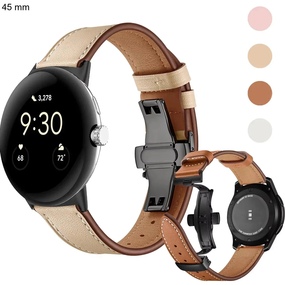 Google Pixel Watch 5, 4 & 3 45mm Leather Band, Butterfly Clasp