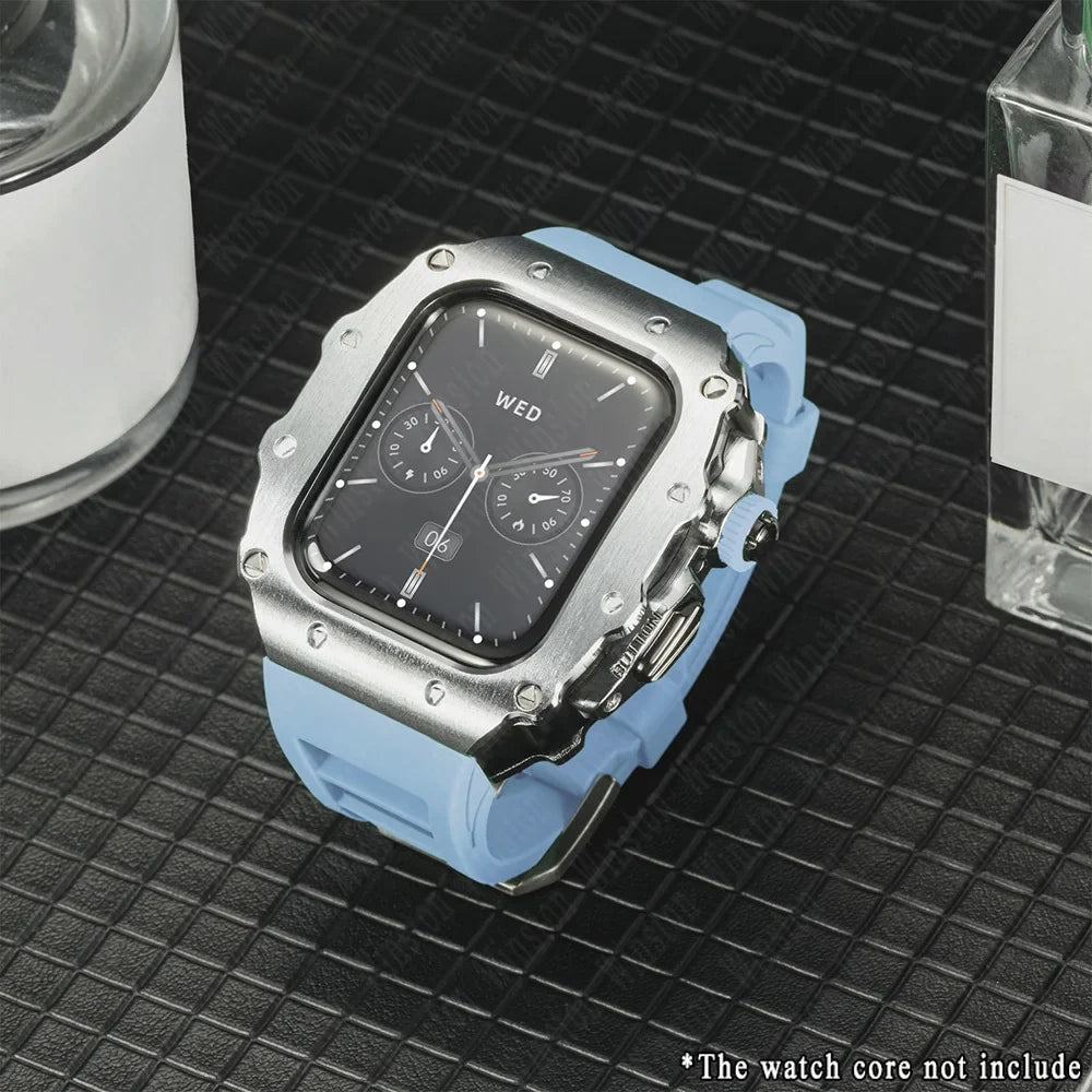 Apple Watch Luxury Modification Kit | Series 11 / Series 10 46mm / Series 9-8-7 45mm / Series 6-SE-5-4 44mm Silicone Strap & Steel Case