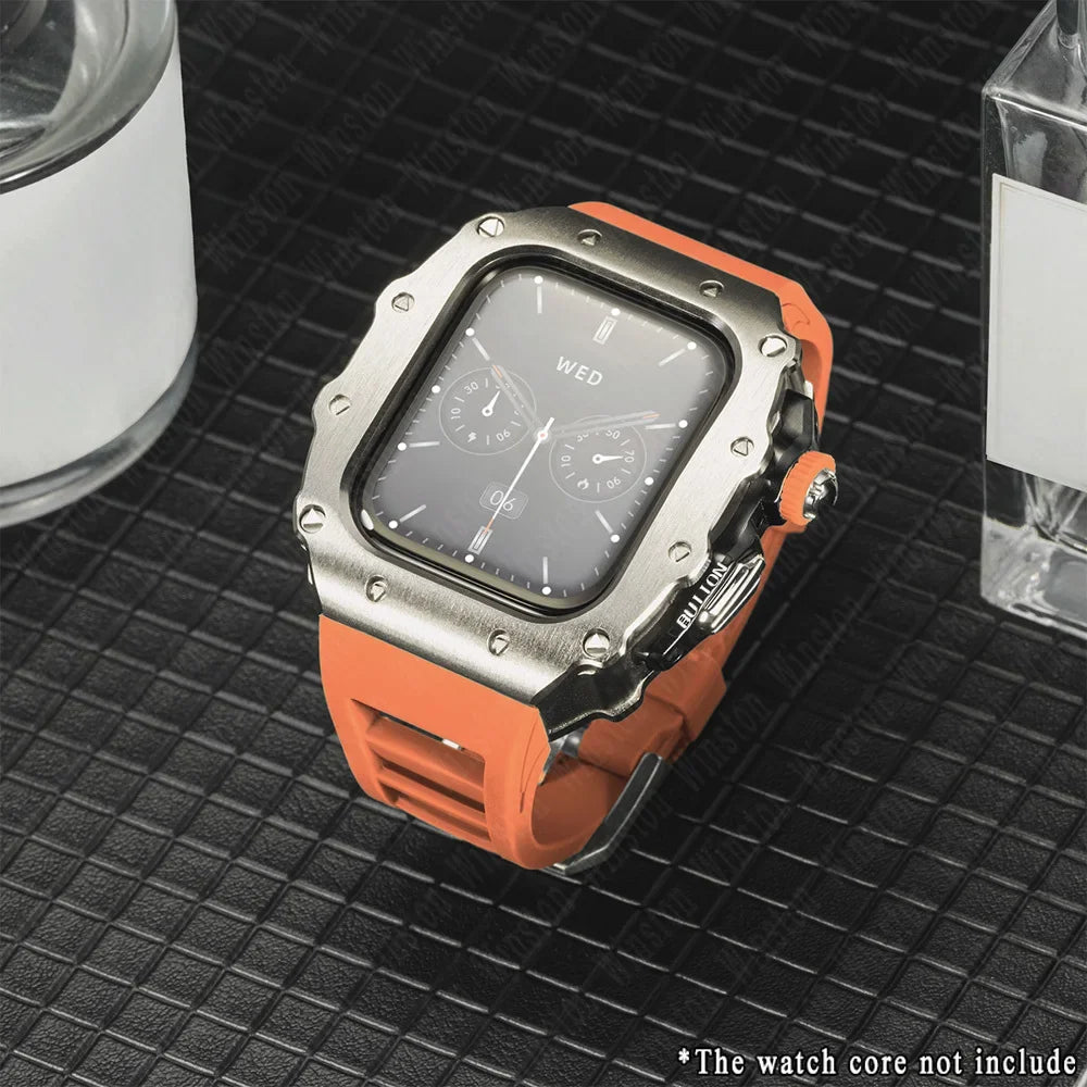 Apple Watch Luxury Modification Kit | Series 11 / Series 10 46mm / Series 9-8-7 45mm / Series 6-SE-5-4 44mm Silicone Strap & Steel Case