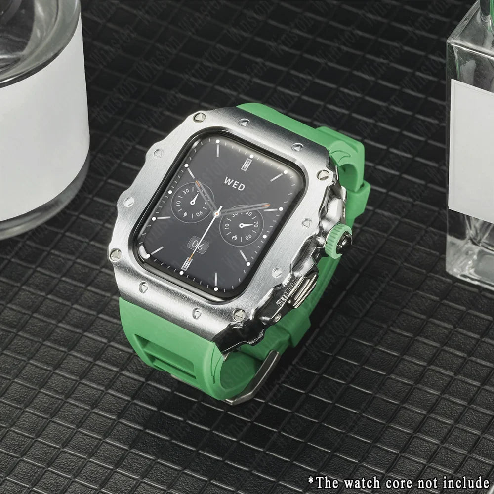 Apple Watch Luxury Modification Kit | Series 11 / Series 10 46mm / Series 9-8-7 45mm / Series 6-SE-5-4 44mm Silicone Strap & Steel Case