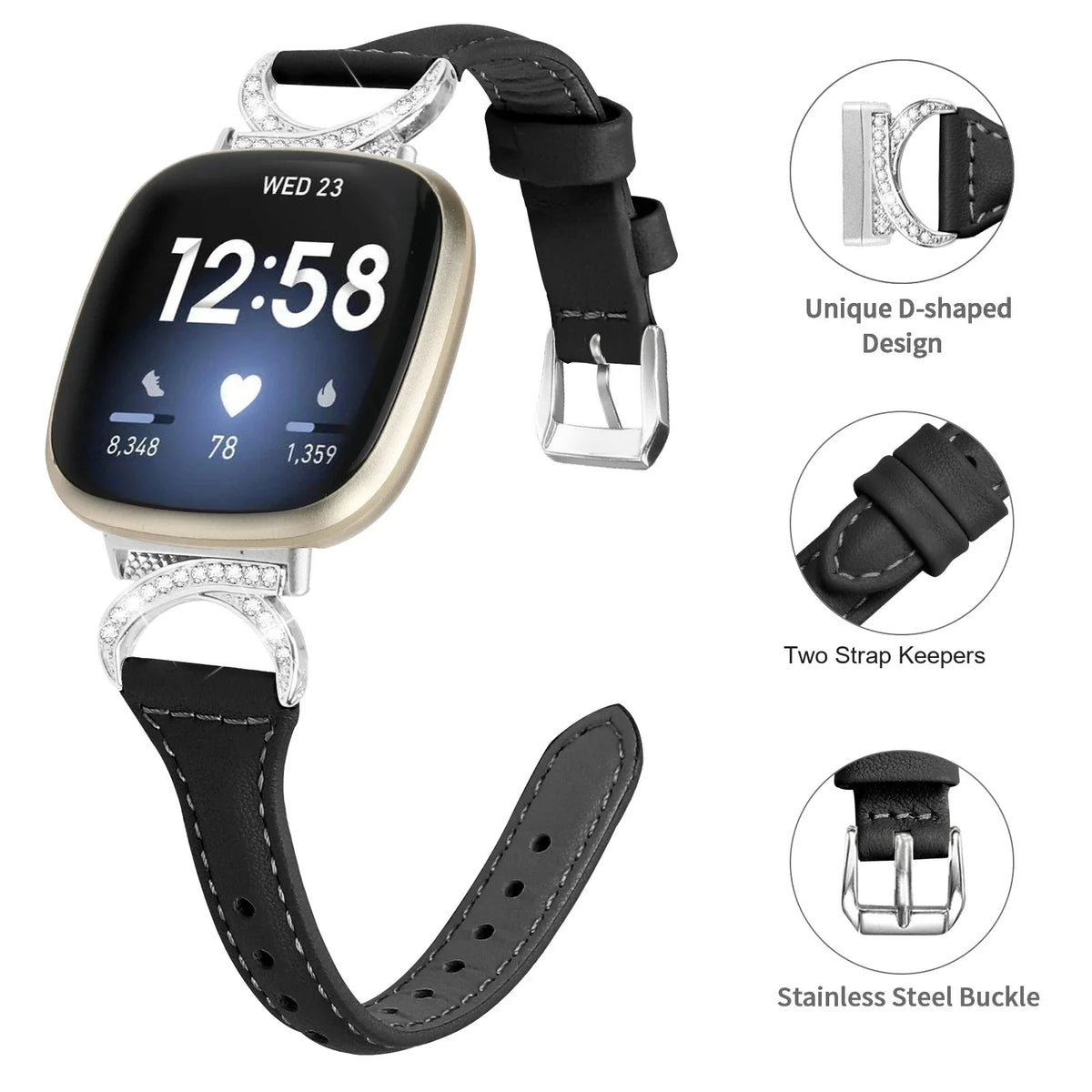 Fitbit Versa 4, Versa 3, Sense 2 & Sense Sparkly D-Link Leather Band