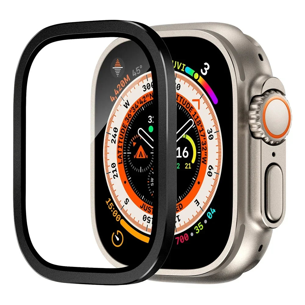 Tempered Glass + Aluminum Alloy Bezel Screen Protector for Apple Watch Ultra 1/2 – 49mm Metal Bumper Cover
