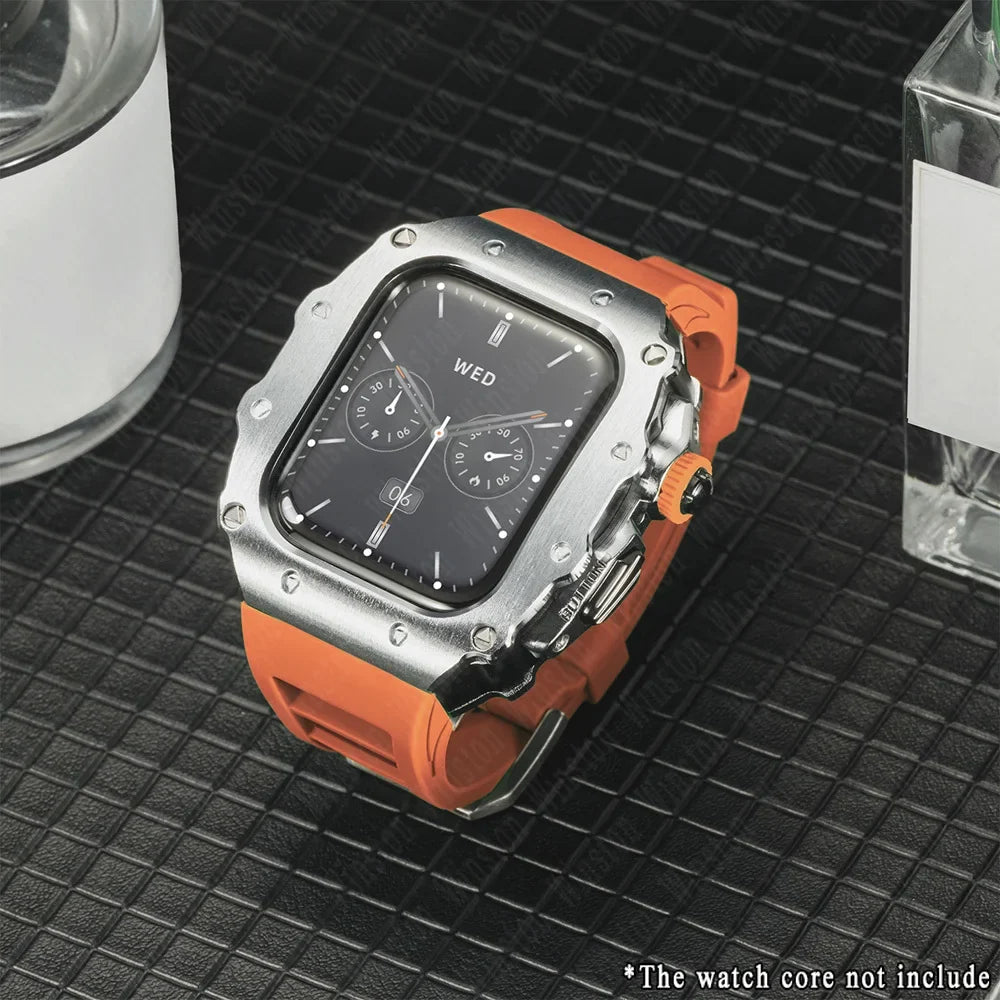 Apple Watch Luxury Modification Kit | Series 11 / Series 10 46mm / Series 9-8-7 45mm / Series 6-SE-5-4 44mm Silicone Strap & Steel Case