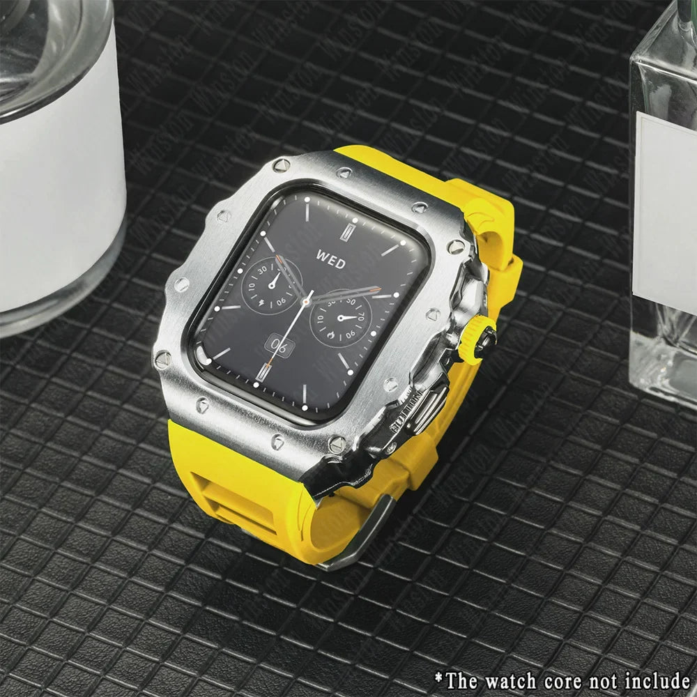 Apple Watch Luxury Modification Kit | Series 11 / Series 10 46mm / Series 9-8-7 45mm / Series 6-SE-5-4 44mm Silicone Strap & Steel Case