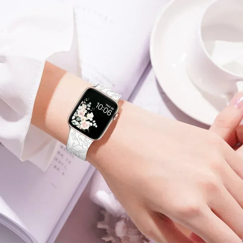 Floral Engraved Silicone Apple Watch Band – Women's | Series 11/10/9/8/7/6/SE & Ultra 1/2/3