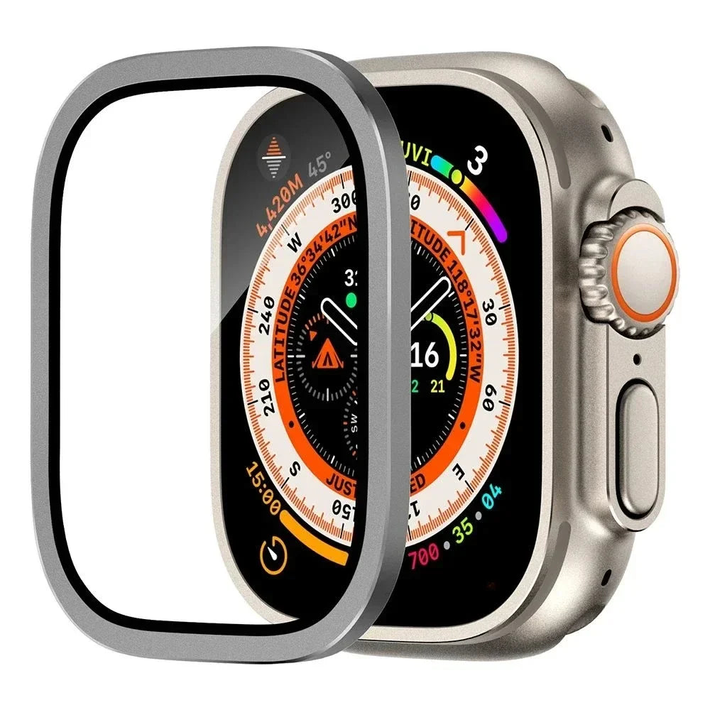 Tempered Glass + Aluminum Alloy Bezel Screen Protector for Apple Watch Ultra 1/2 – 49mm Metal Bumper Cover