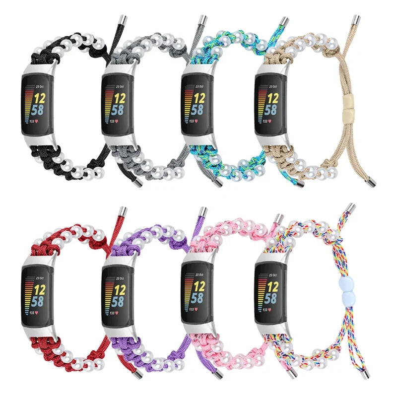 Fitbit Charge 6, 5, 4, 3 & 2 Braided Rope Band with Pearl-Style Beads