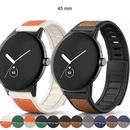 Google Pixel Watch 5, 4 & 3 45mm Litchi Leather Magnetic Band