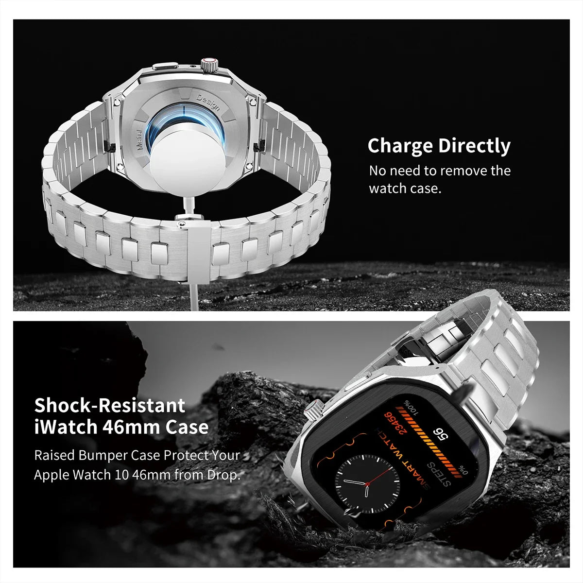 Luxury Stainless Steel Modification Kit for Apple Watch Series 11/10 46mm – Metal Strap & Case
