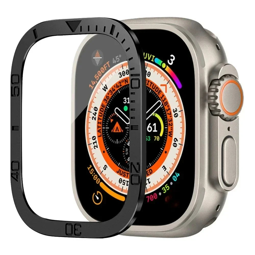 Tempered Glass + Aluminum Alloy Bezel Screen Protector for Apple Watch Ultra 1/2 – 49mm Metal Bumper Cover