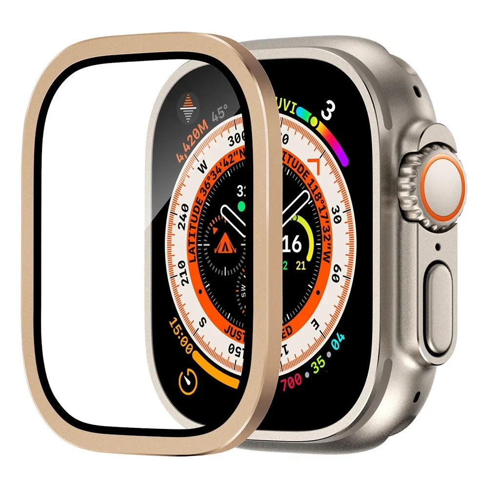 Tempered Glass + Aluminum Alloy Bezel Screen Protector for Apple Watch Ultra 1/2 – 49mm Metal Bumper Cover
