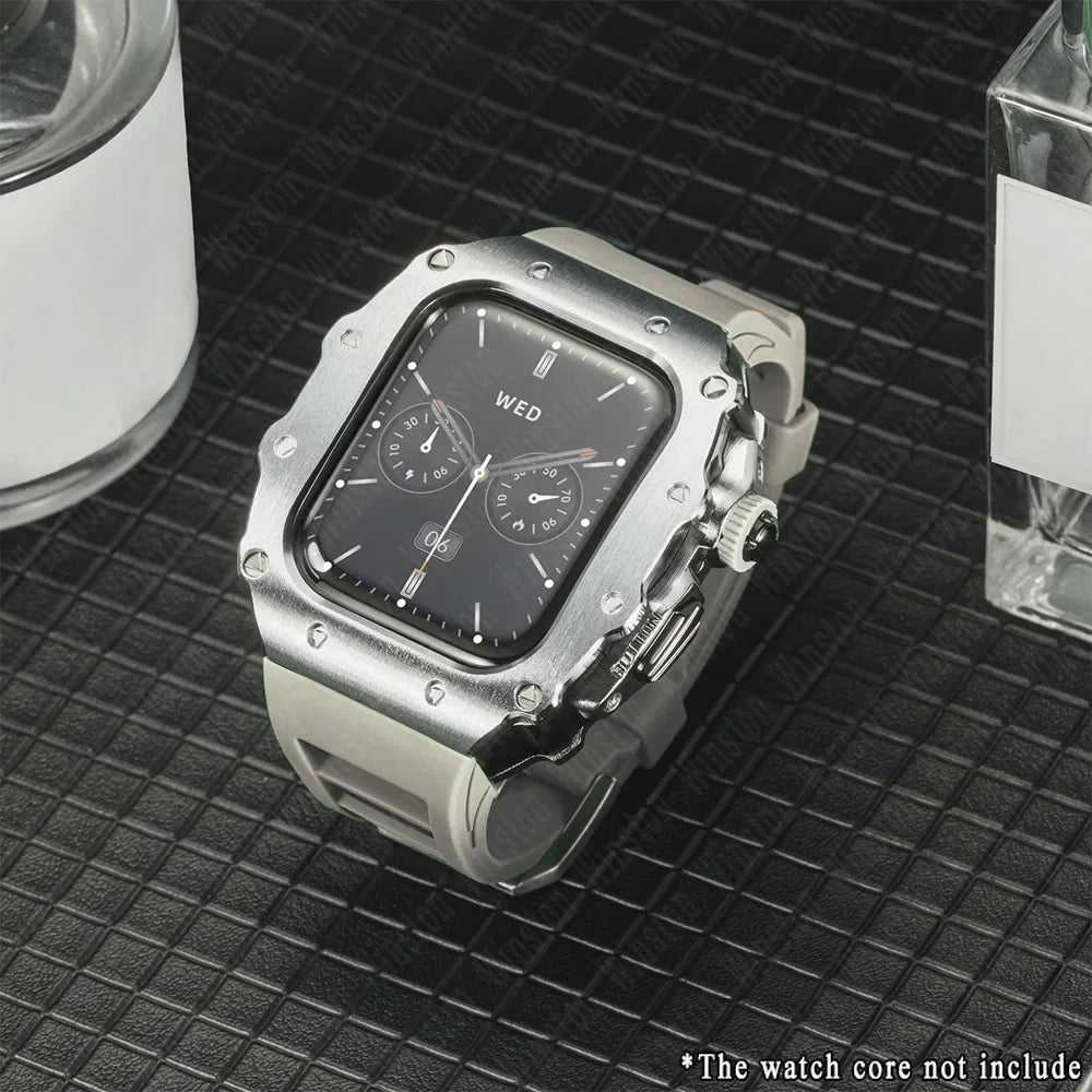 Apple Watch Luxury Modification Kit | Series 11 / Series 10 46mm / Series 9-8-7 45mm / Series 6-SE-5-4 44mm Silicone Strap & Steel Case