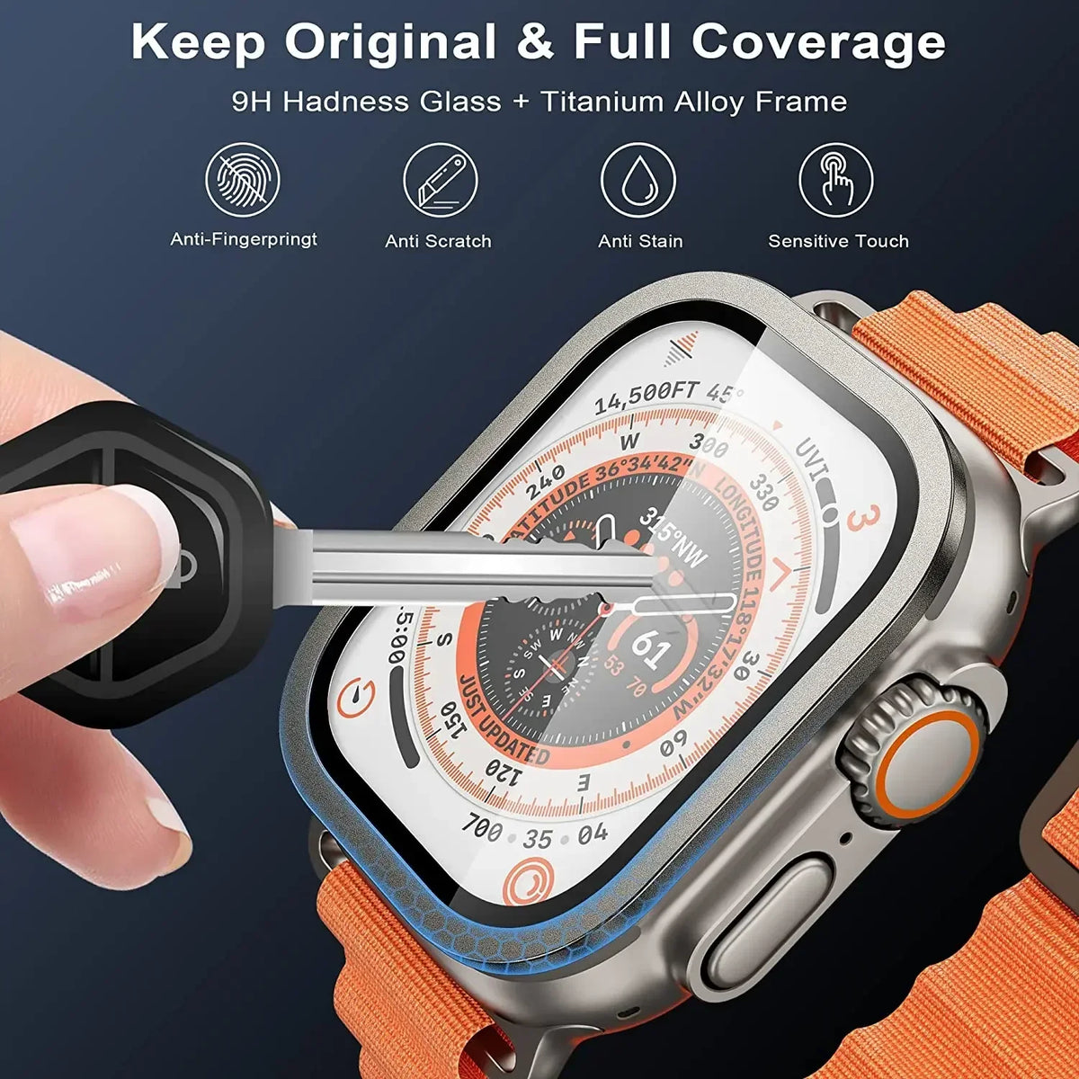 Tempered Glass + Aluminum Alloy Bezel Screen Protector for Apple Watch Ultra 1/2 – 49mm Metal Bumper Cover