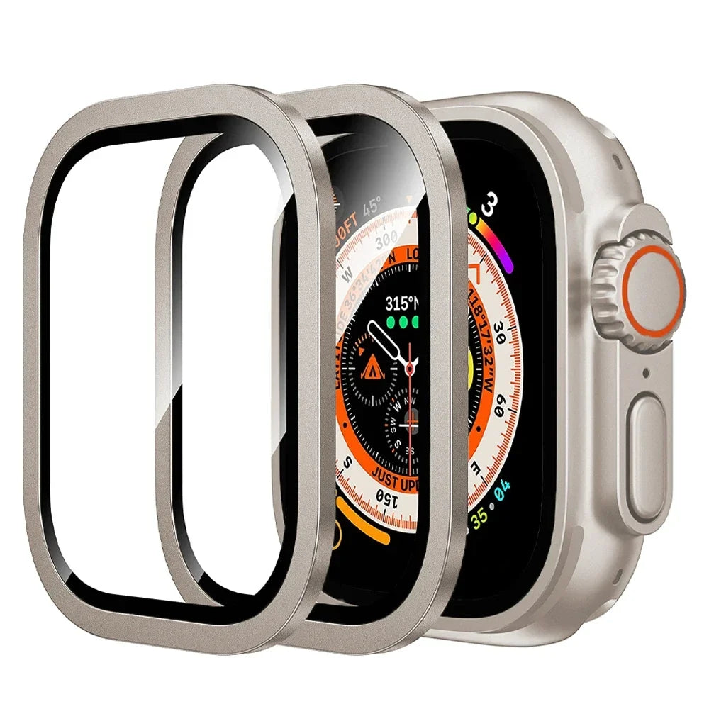 Tempered Glass + Aluminum Alloy Bezel Screen Protector for Apple Watch Ultra 1/2 – 49mm Metal Bumper Cover