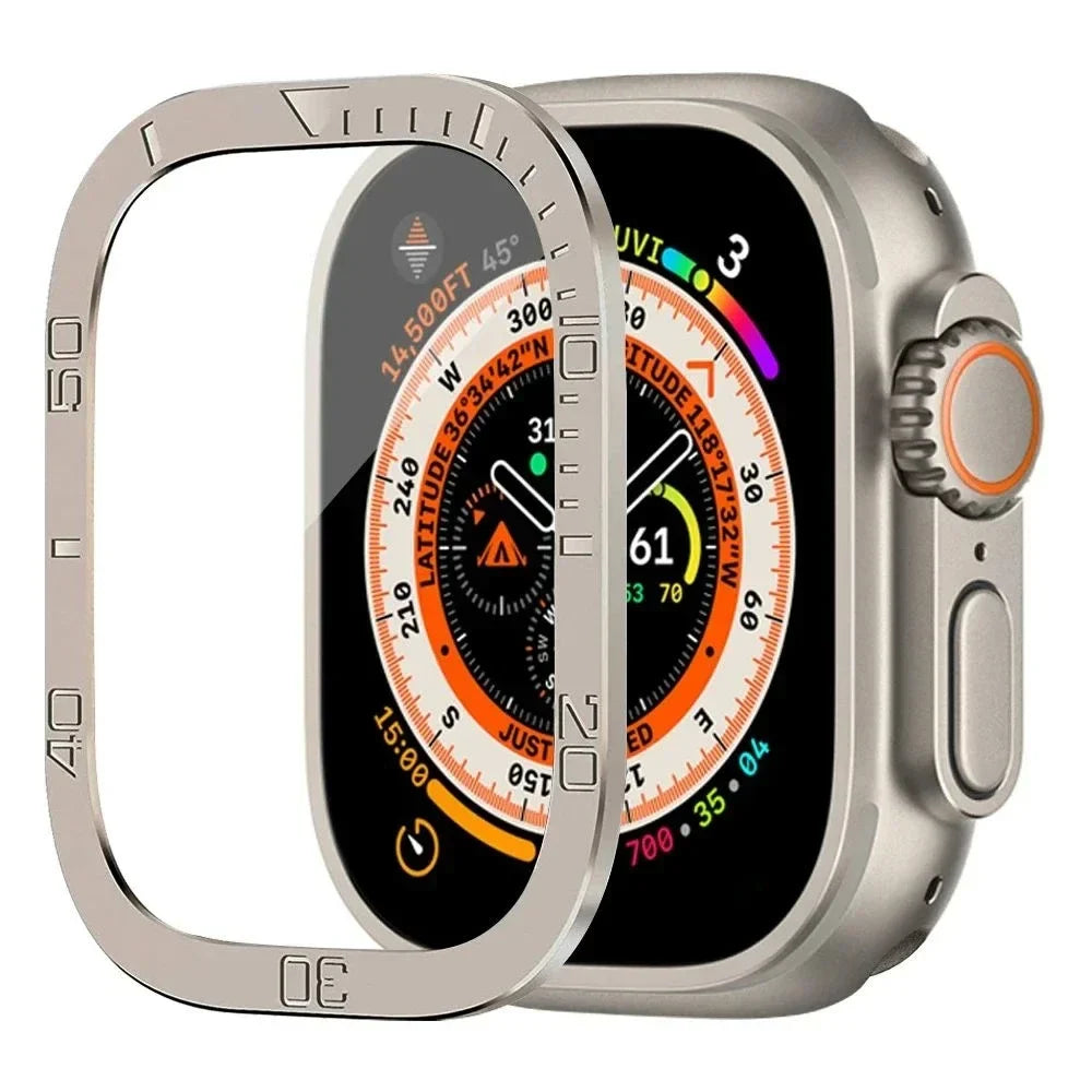 Tempered Glass + Aluminum Alloy Bezel Screen Protector for Apple Watch Ultra 1/2 – 49mm Metal Bumper Cover
