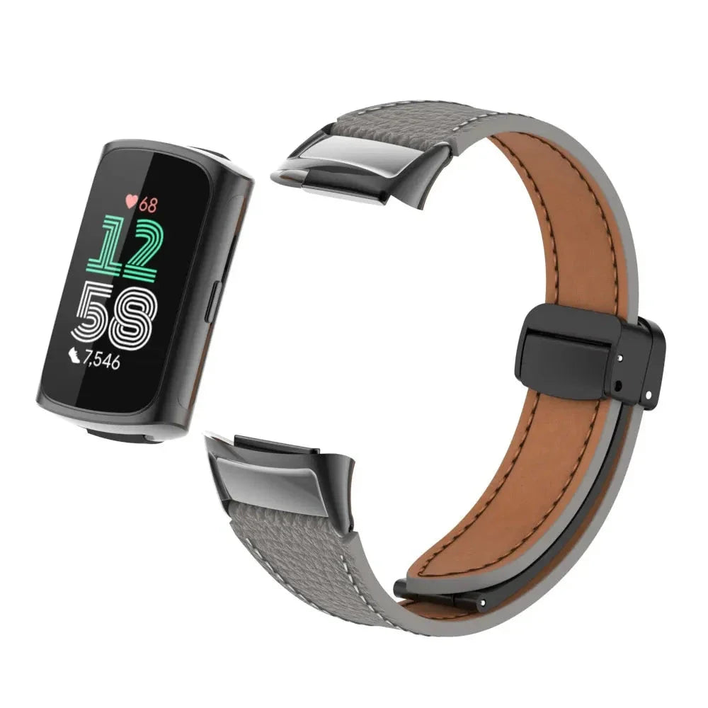 Fitbit Charge 5 & 6 Leather Band with Magnetic Folding Clasp