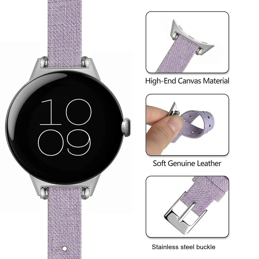 Google Pixel Watch 5, 4 & 3 Slim Canvas Band, Leather Lining
