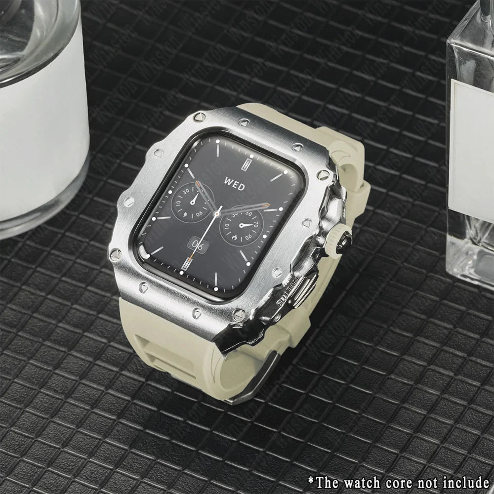 Apple Watch Luxury Modification Kit | Series 11 / Series 10 46mm / Series 9-8-7 45mm / Series 6-SE-5-4 44mm Silicone Strap & Steel Case
