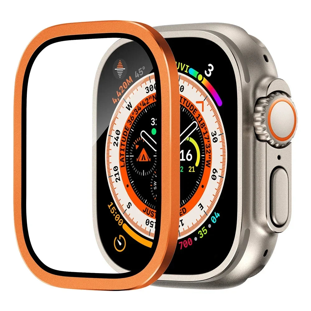 Tempered Glass + Aluminum Alloy Bezel Screen Protector for Apple Watch Ultra 1/2 – 49mm Metal Bumper Cover