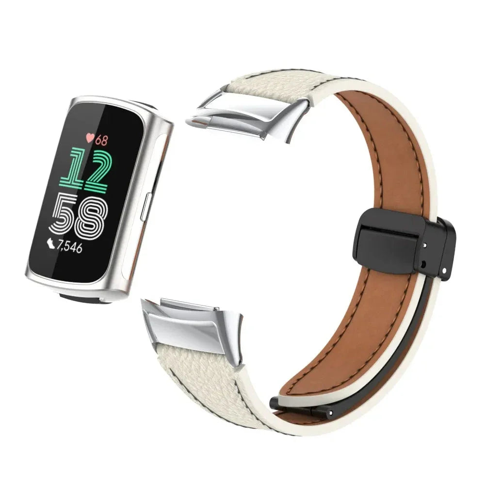 Fitbit Charge 5 & 6 Leather Band with Magnetic Folding Clasp