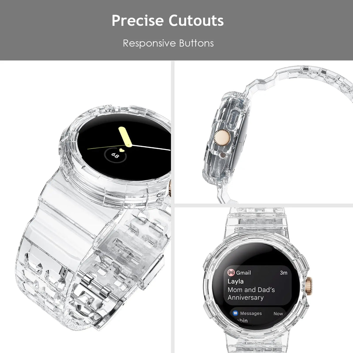 Google Pixel Watch 3, 2 & 1 41mm Clear TPU Band with Built-In Case
