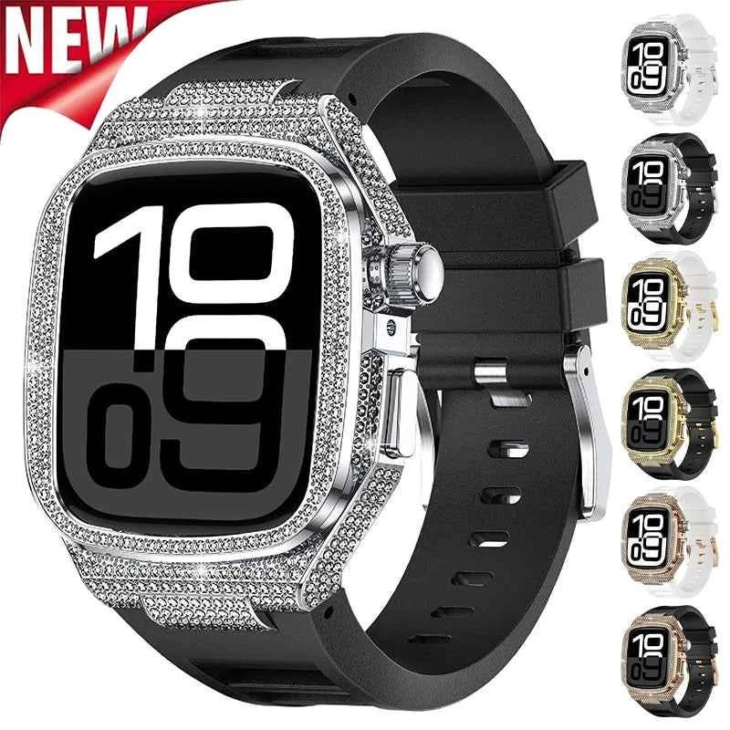 Diamond Case + Silicone Band Luxury Kit for Apple Watch Series 10 46mm / Series 9/8/7 45mm / Series 6/SE/5/4 44mm
