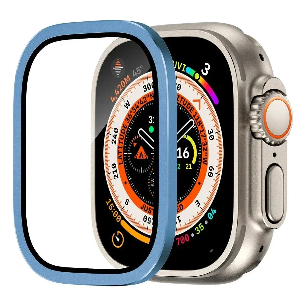 Tempered Glass + Aluminum Alloy Bezel Screen Protector for Apple Watch Ultra 1/2 – 49mm Metal Bumper Cover
