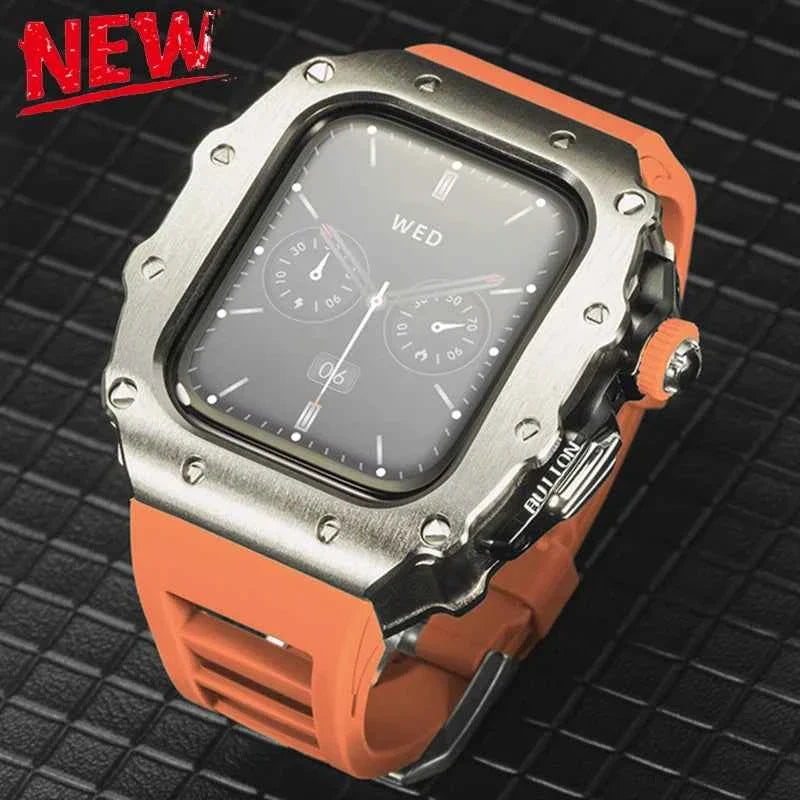 Apple Watch Luxury Modification Kit | Series 11 / Series 10 46mm / Series 9-8-7 45mm / Series 6-SE-5-4 44mm Silicone Strap & Steel Case