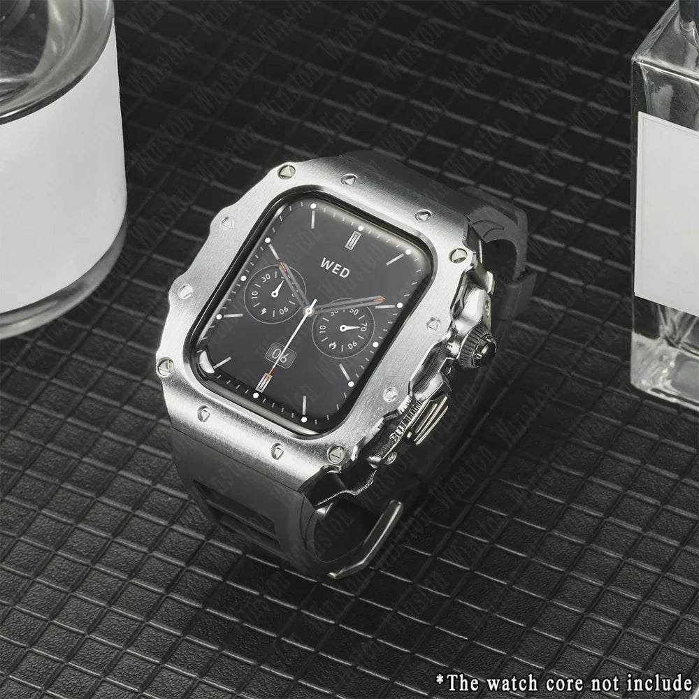 Apple Watch Luxury Modification Kit | Series 11 / Series 10 46mm / Series 9-8-7 45mm / Series 6-SE-5-4 44mm Silicone Strap & Steel Case