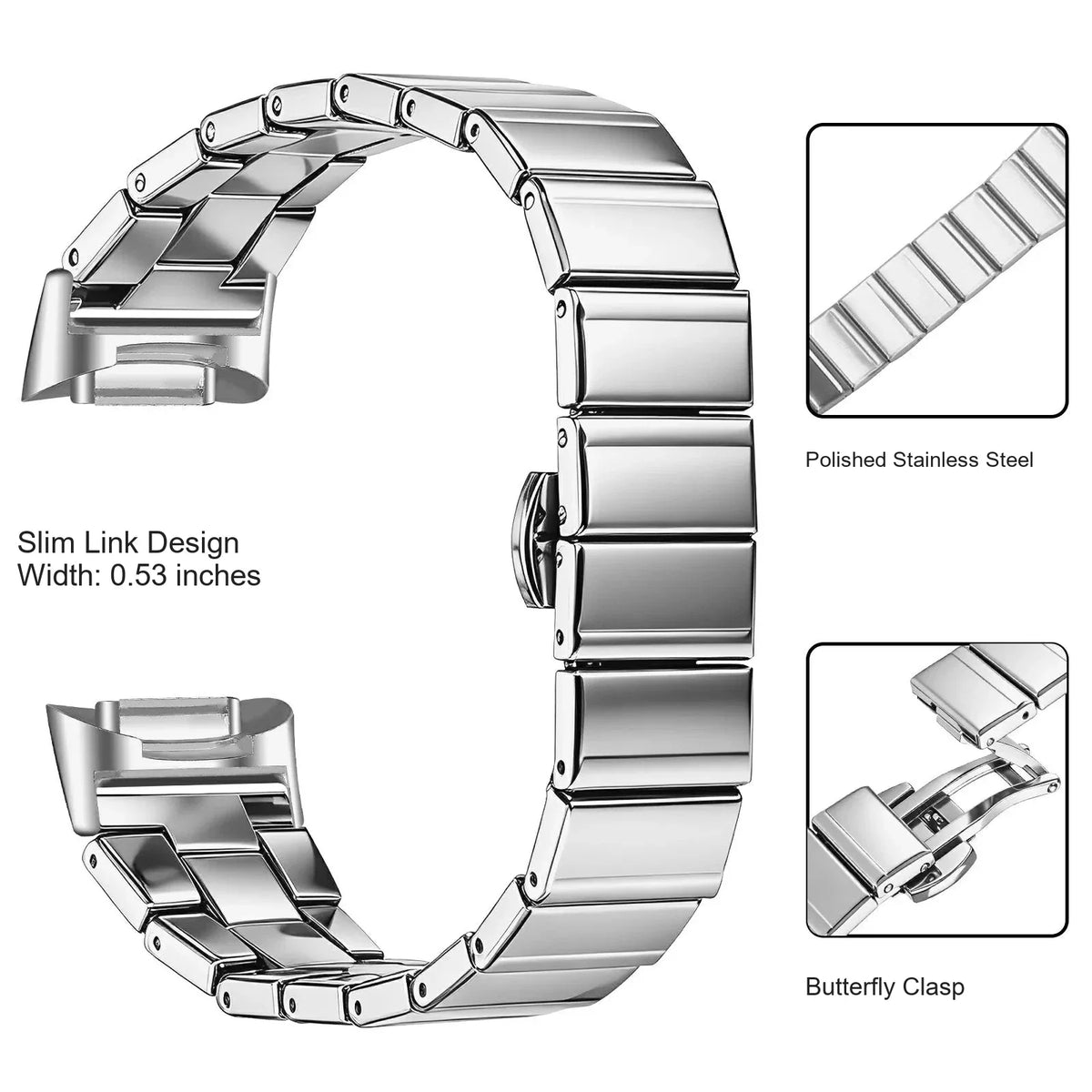 Fitbit Charge 5 & 6 Slim Stainless Steel Link Band, Silver