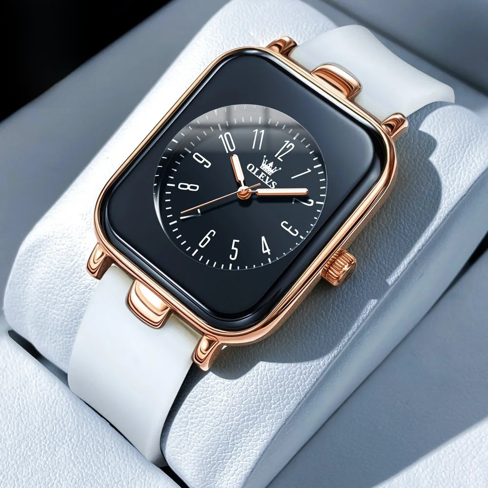 Women's Rectangular Gold Tone Quartz Watch Silicone Strap