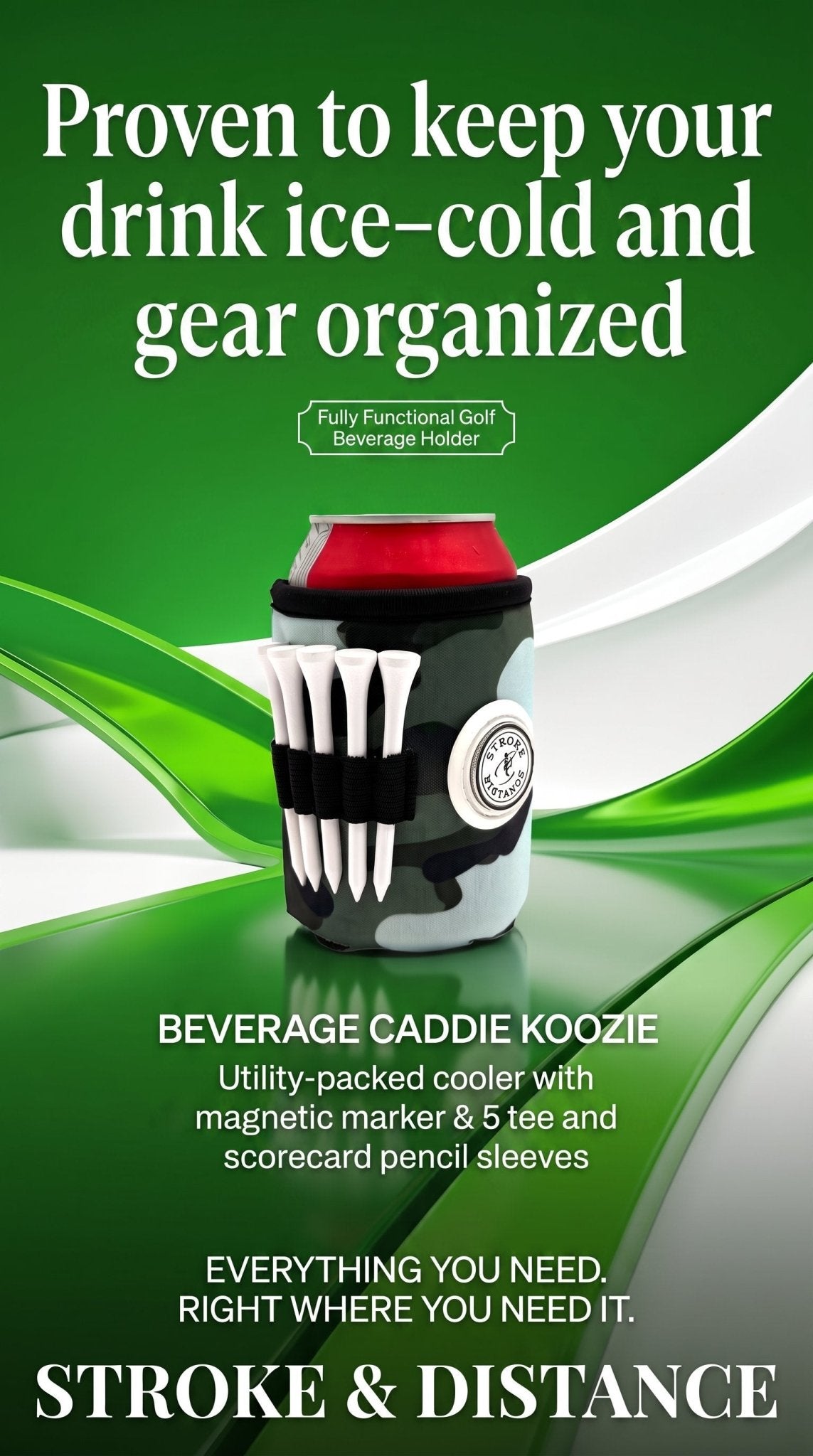 Beverage Caddie 3-in-1 Golf Insulator, Removeable Ball Marker, Bag Clip & Tees Combo