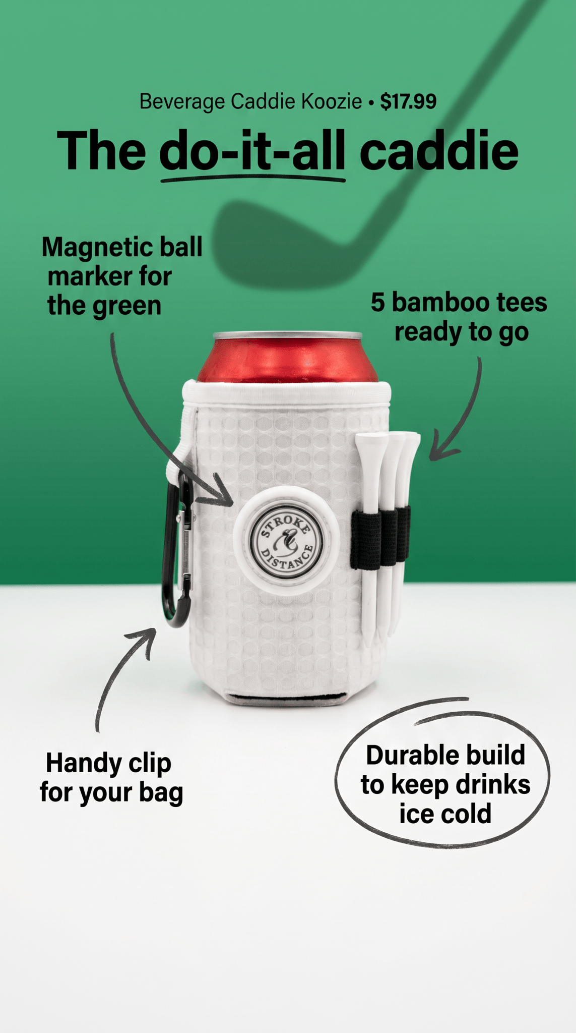 Beverage Caddie 3-in-1 Golf Insulator, Removeable Ball Marker, Bag Clip & Tees Combo