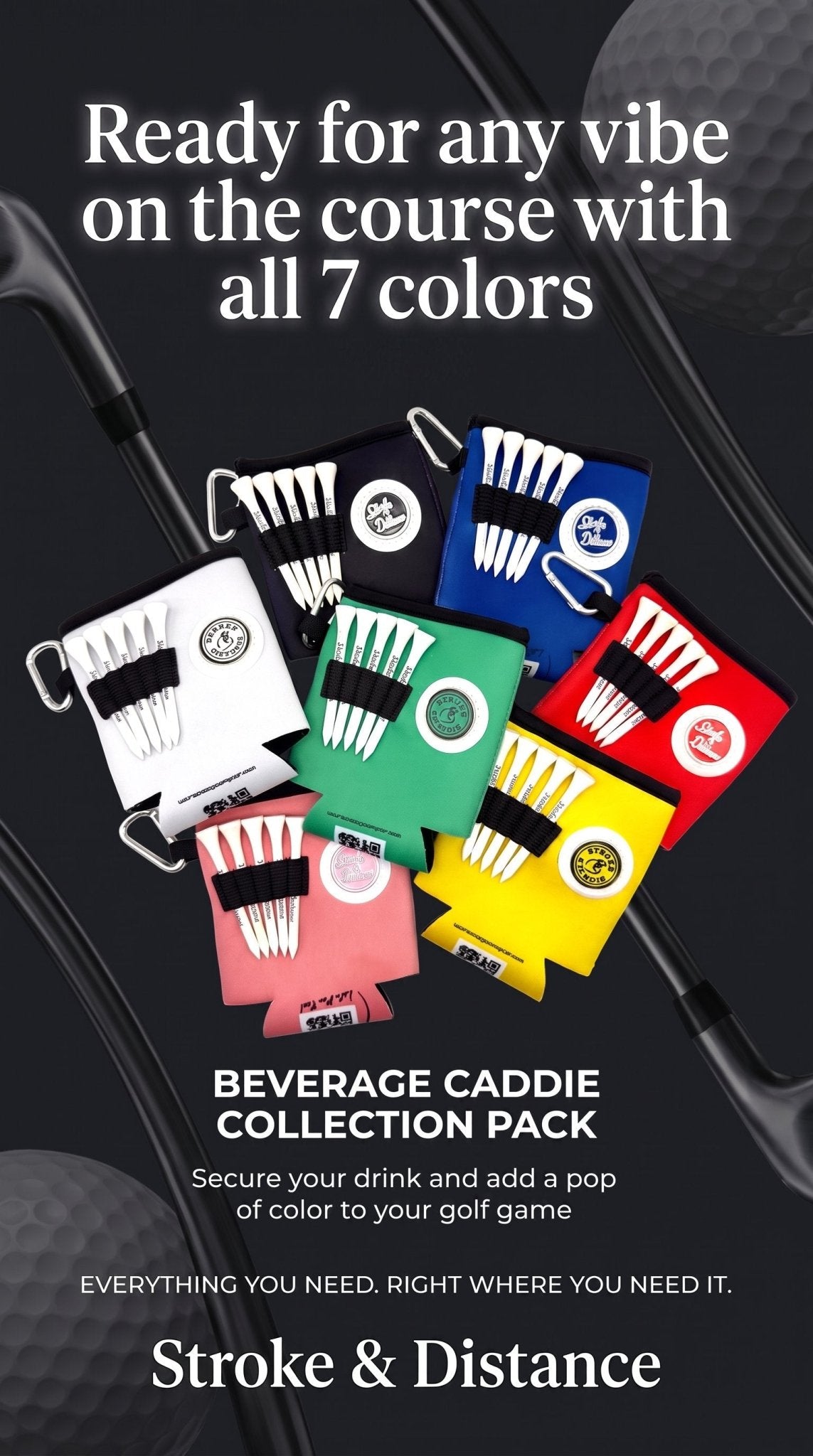 Beverage Caddie Collection (7 pack) 3-in-1 Golf Insulator, Removeable Ball Marker, Bag Clip & Tees Combo