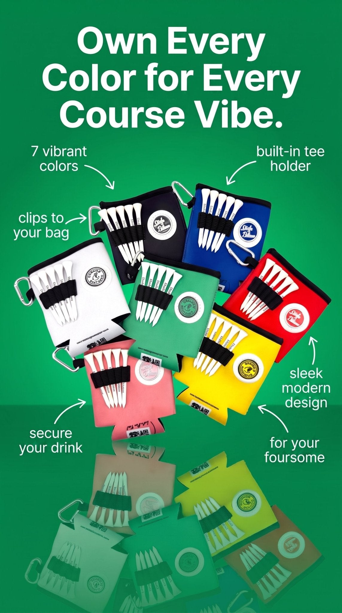 Beverage Caddie Collection (7 pack) 3-in-1 Golf Insulator, Removeable Ball Marker, Bag Clip & Tees Combo