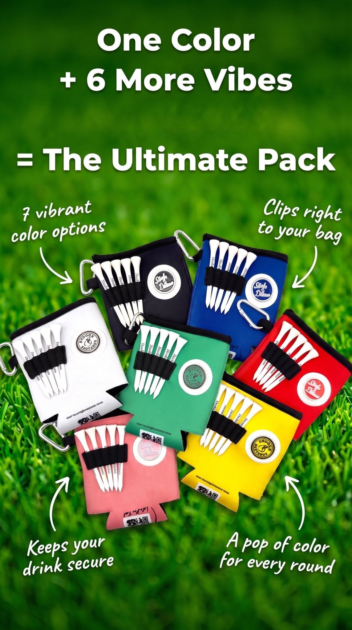 Beverage Caddie Collection (7 pack) 3-in-1 Golf Insulator, Removeable Ball Marker, Bag Clip & Tees Combo