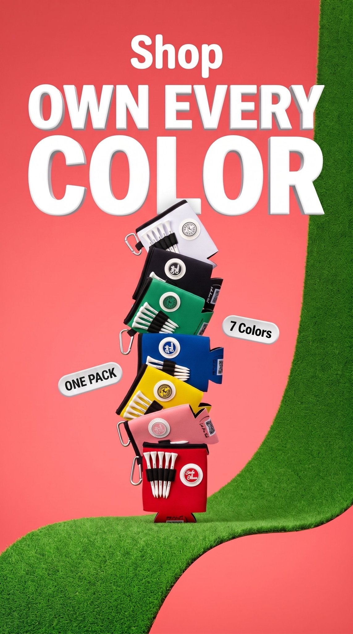 Beverage Caddie Collection (7 pack) 3-in-1 Golf Insulator, Removeable Ball Marker, Bag Clip & Tees Combo