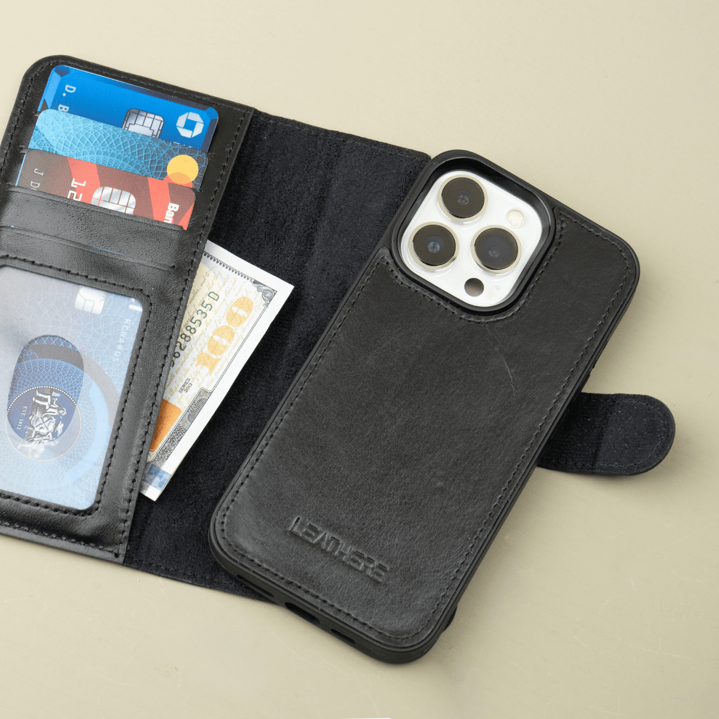 iPhone 16 Series Black Leather Wallet Case - New York