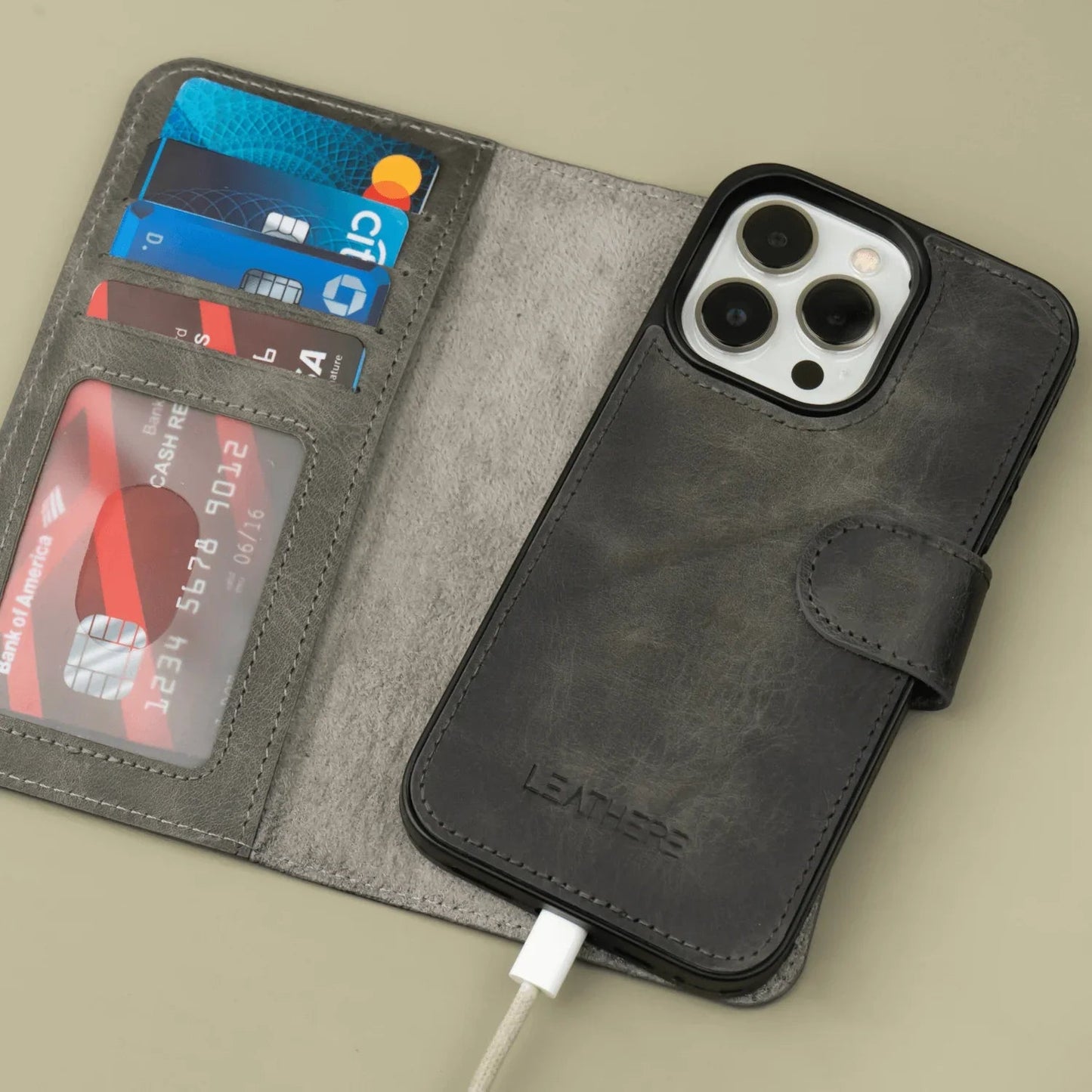 iPhone 16 Series Grey Leather Wallet Case - New York