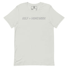 Load image into Gallery viewer, Golf &gt; Homework Unisex t-shirt - Silver Logo
