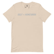 Load image into Gallery viewer, Golf &gt; Homework Unisex t-shirt - Silver Logo
